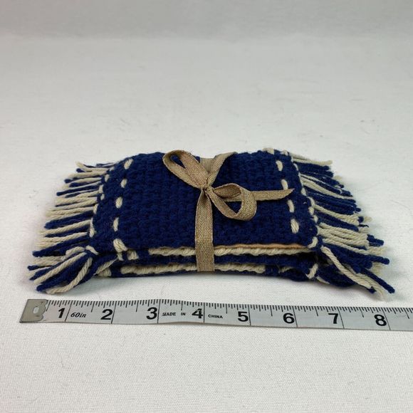 Mug Rugs Coasters Handmade Crochet Navy Blue Beige Fringe Felt Back Set of 4 - Picture 8 of 10